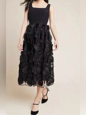 Anthropologie Florina Black Floral Appliqué Midi Dress